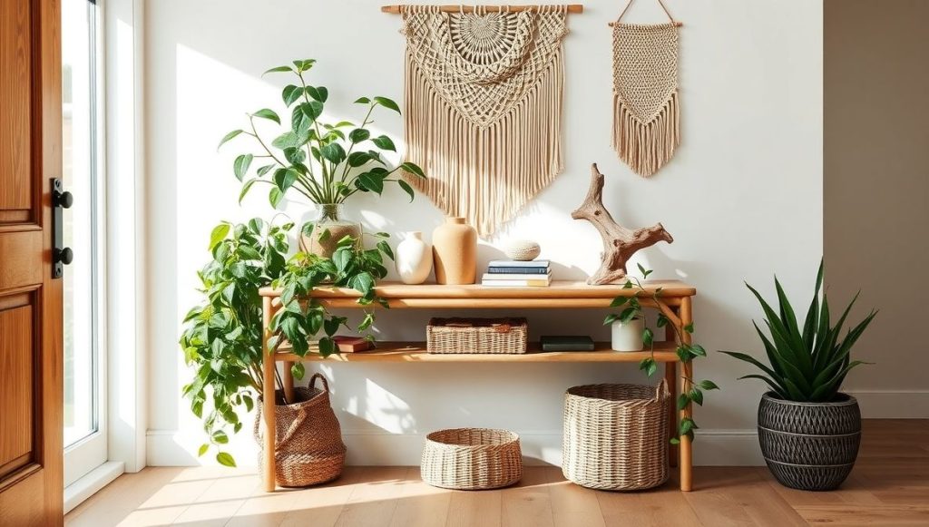 Boho Rattan Entryway Table with Plants