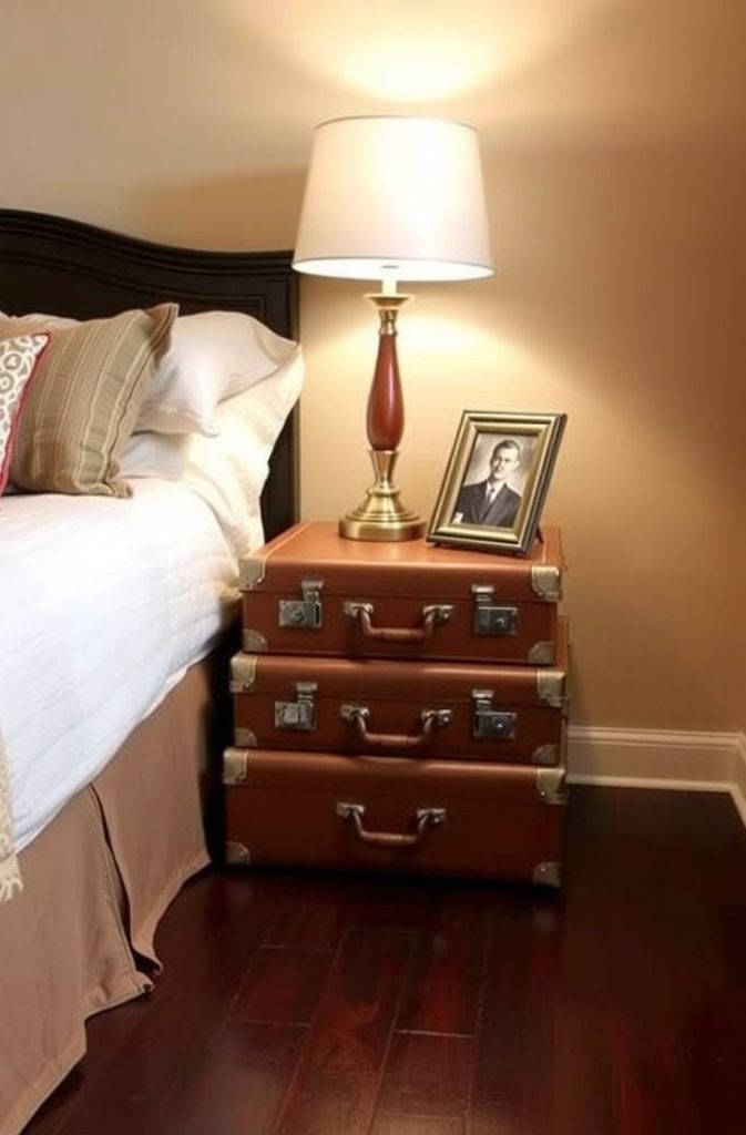 Elegant Suitcase Stack Nightstand Ideas with Vintage Flair
