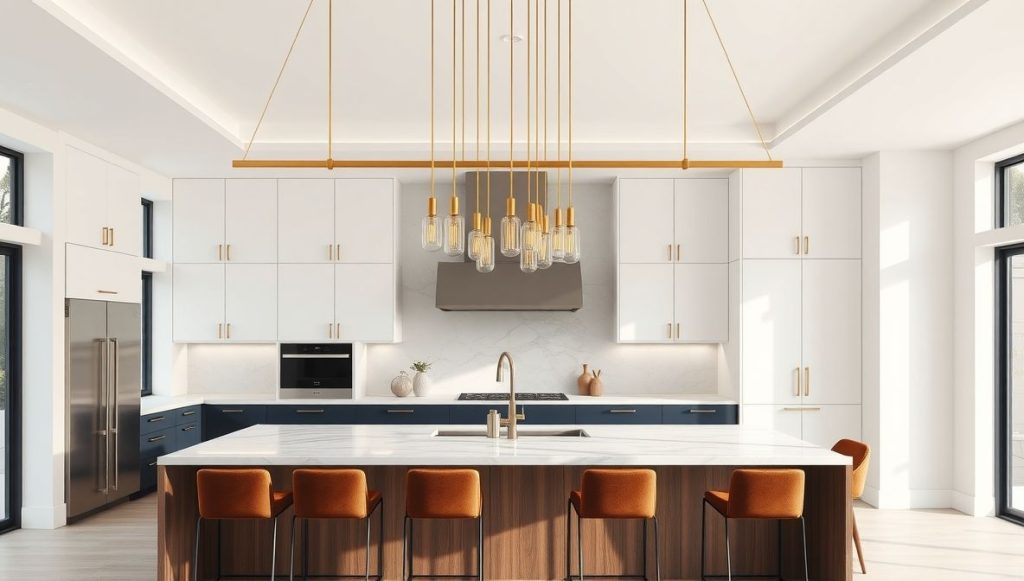 Gold Linear Chandelier Over Kitchen Island