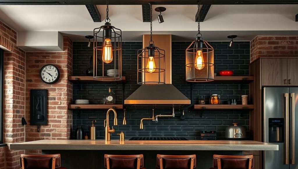 Industrial Cage Lights Over Breakfast Bar