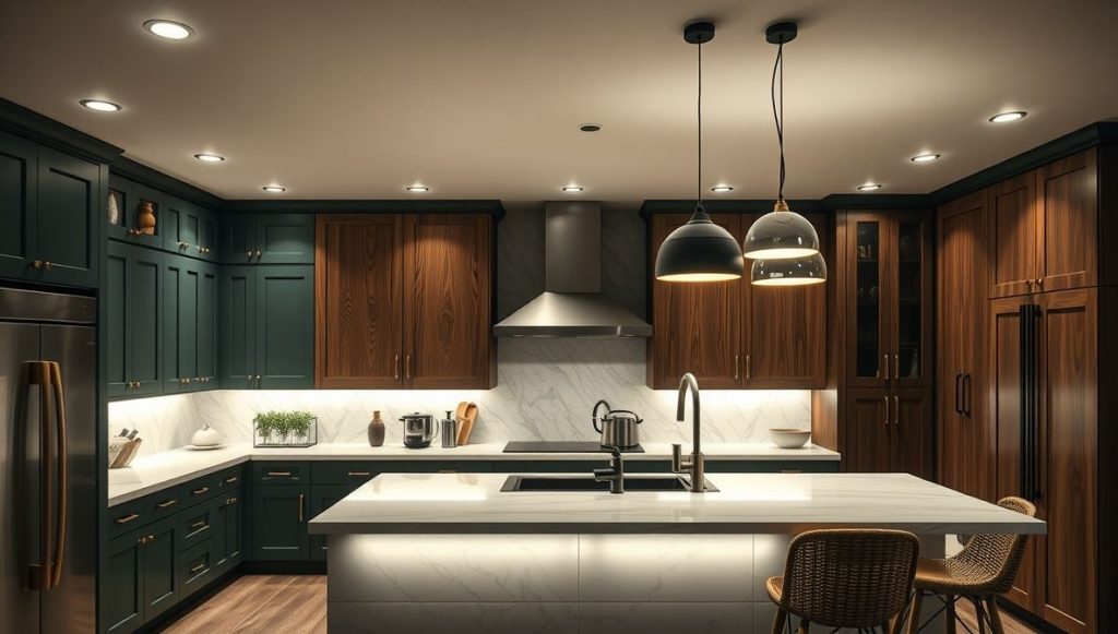 Layered Kitchen Lighting With Mixed Fixtures