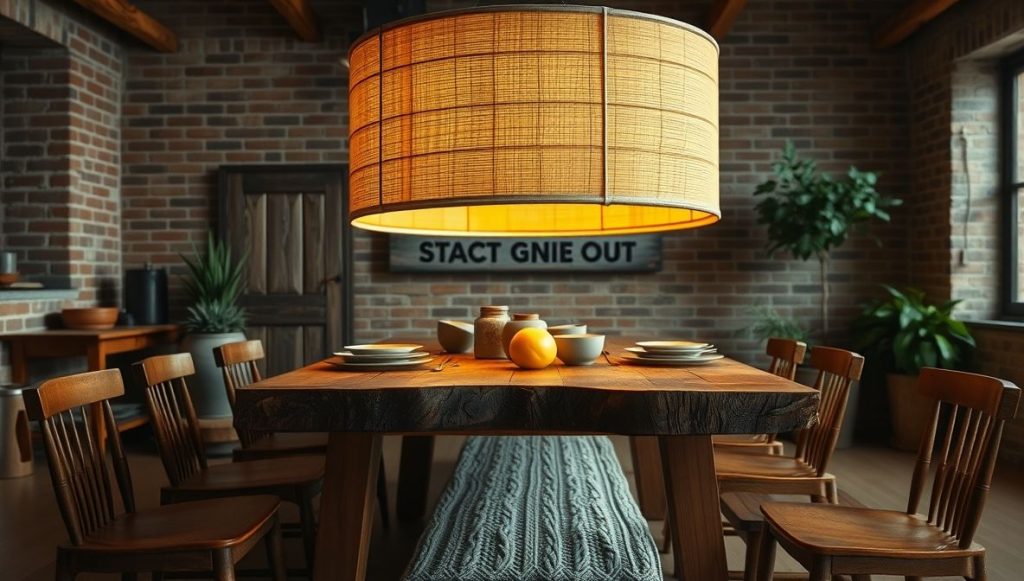 Oversized Drum Pendant Over Rustic Dining Table