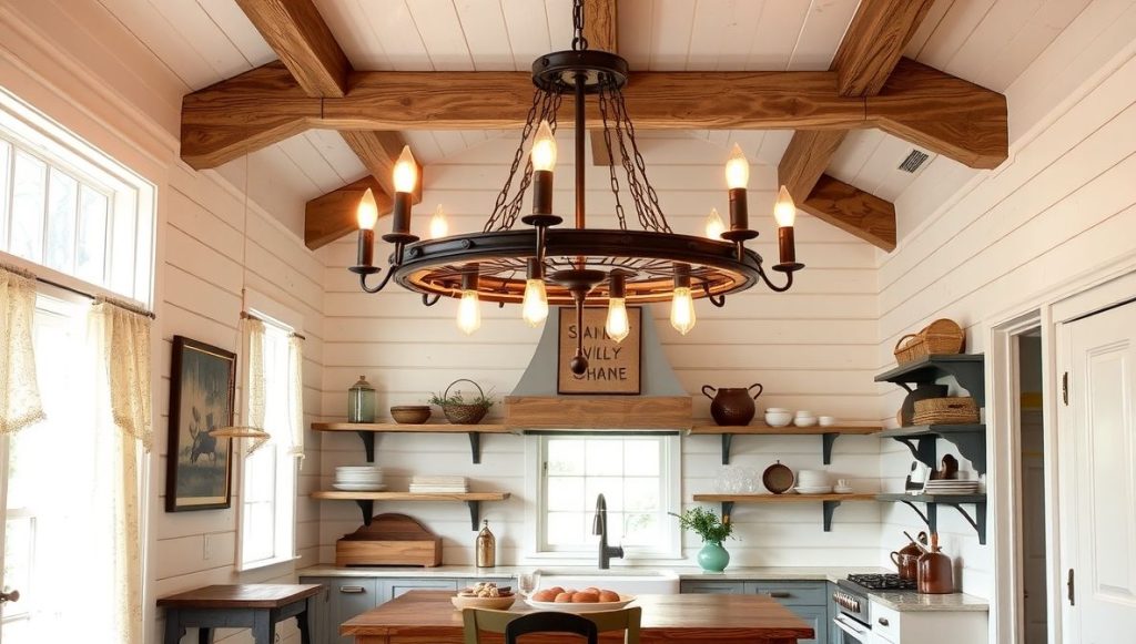 Rustic Chandelier in Farmhouse Kitchen