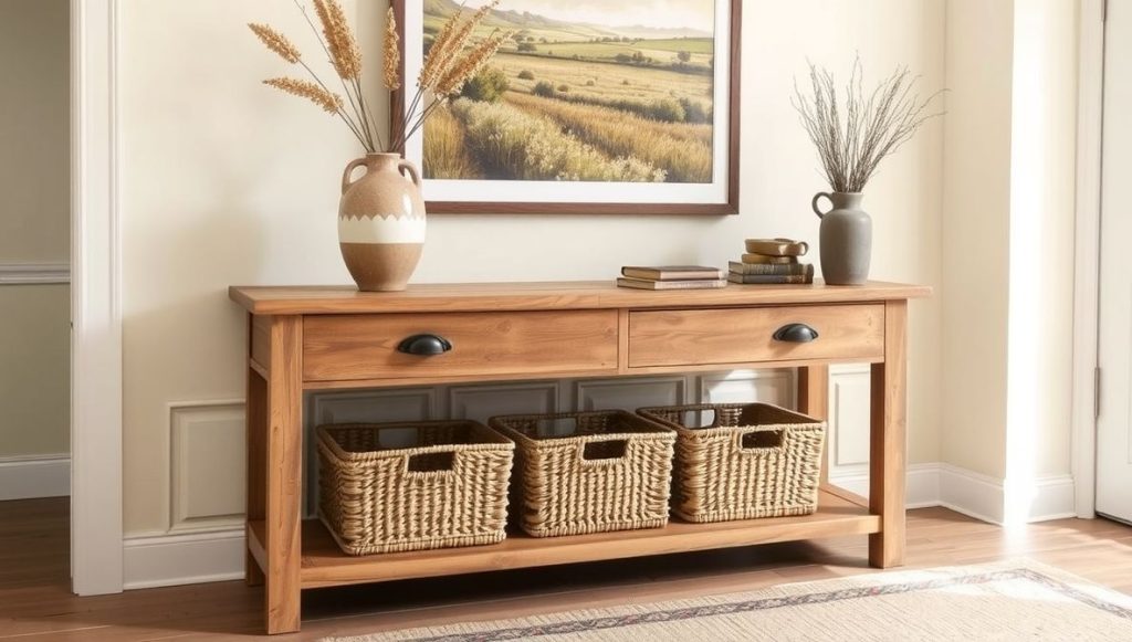 Rustic Console Entryway Table with Baskets