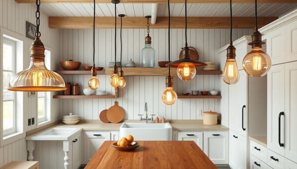 Vintage Schoolhouse Lighting in Classic Kitchen