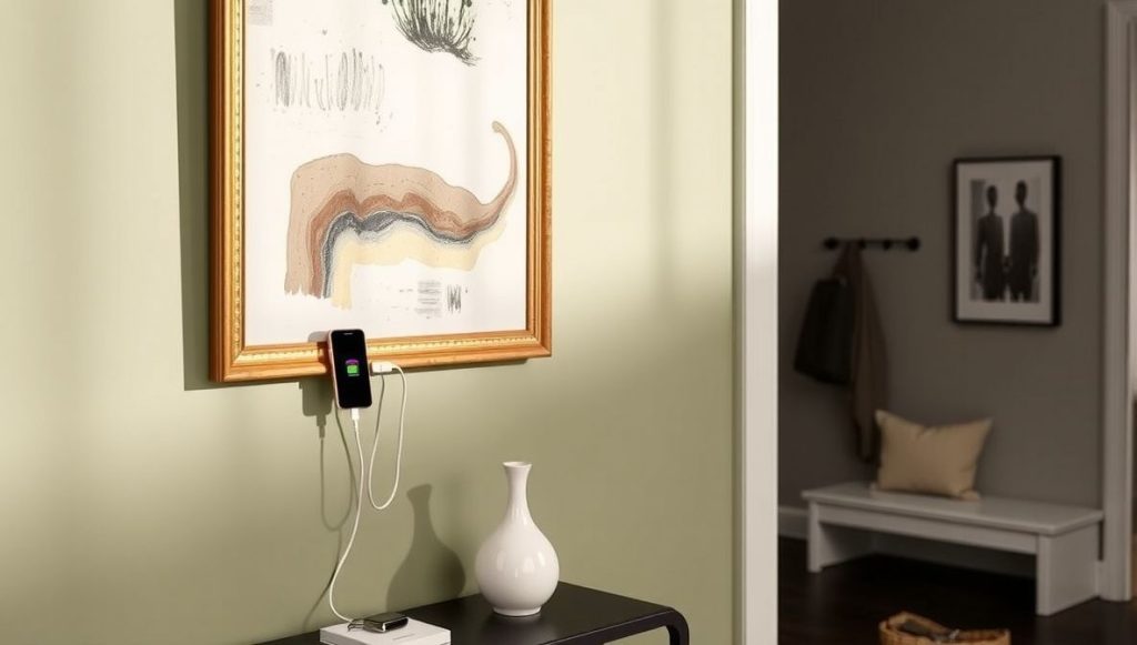Wall-Mounted Charging Caddy Behind Artwork