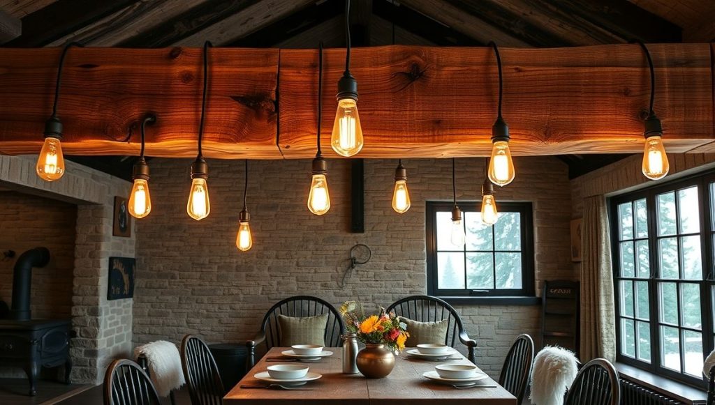 Wood Beam with Hanging Bulbs for Rustic Style